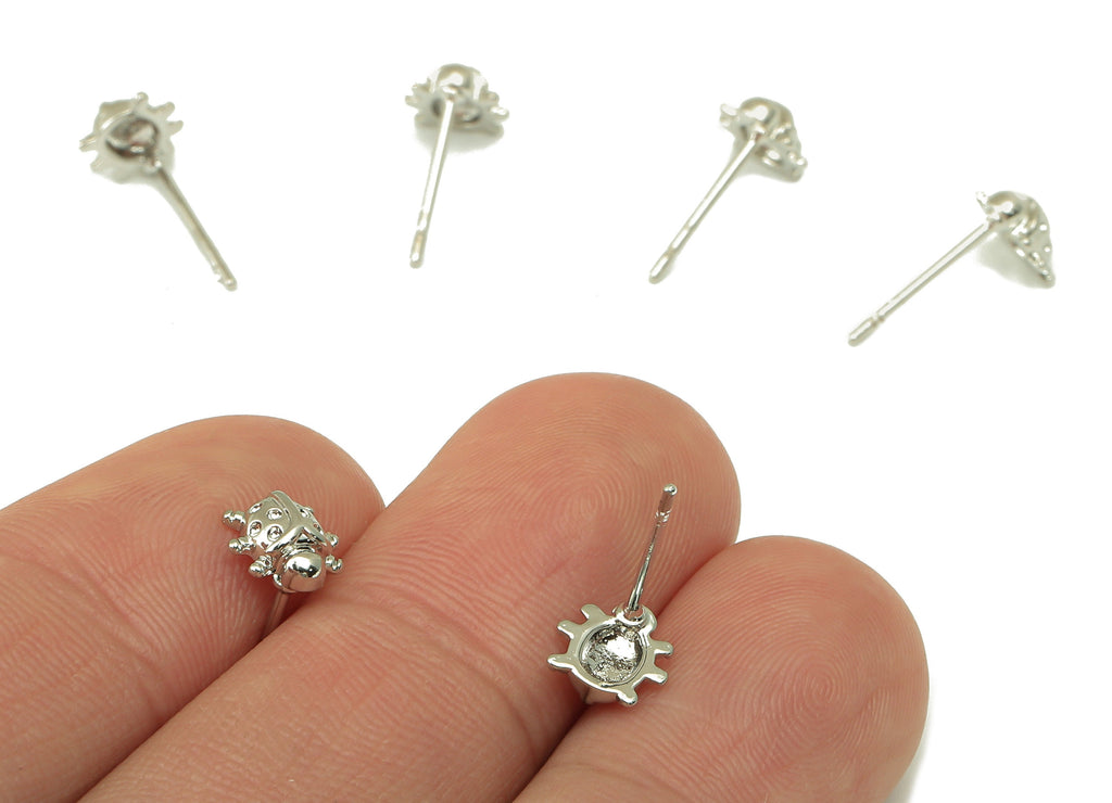 Silver Ladybug Earring Stud - Animal Earring Post - 18K Real White Gold Plated -Surgical Stud-Jewely Findings -7x7x3mm- RGP5936S - DOMEDBAZAAR