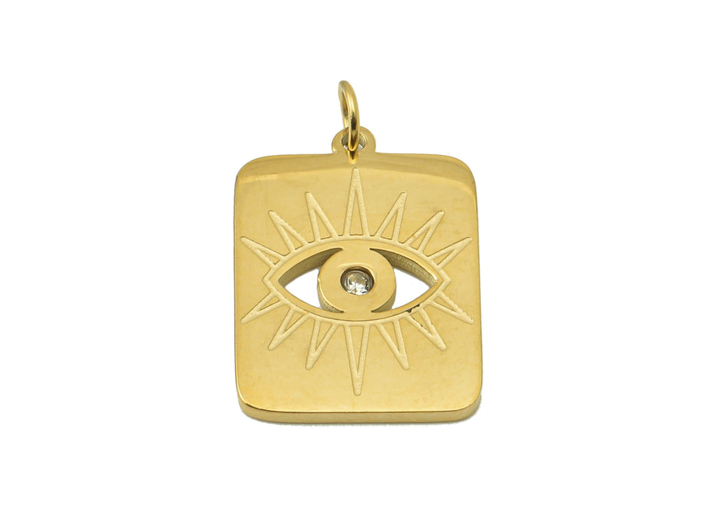 Stainless Steel Rectangle Eye Earring Charms- Cubic Eye zircon Rectangle CZ Pendant -18K Real Gold Plating-17.16x 11.08x1.05mm-RGP5898 - DOMEDBAZAAR