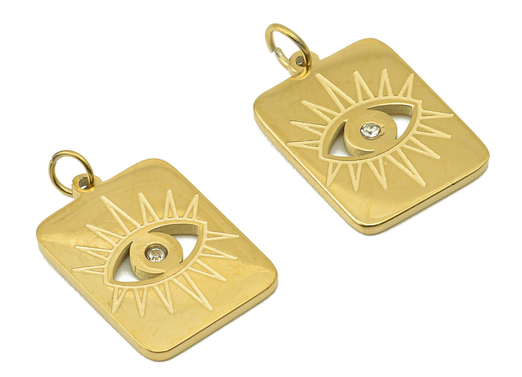Stainless Steel Rectangle Eye Earring Charms- Cubic Eye zircon Rectangle CZ Pendant -18K Real Gold Plating-17.16x 11.08x1.05mm-RGP5898 - DOMEDBAZAAR
