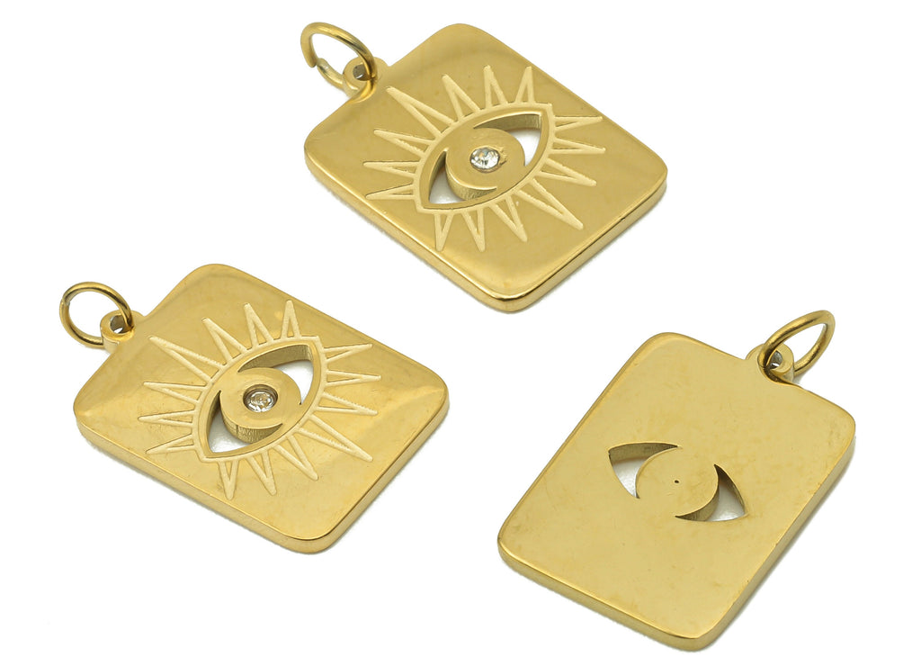 Stainless Steel Rectangle Eye Earring Charms- Cubic Eye zircon Rectangle CZ Pendant -18K Real Gold Plating-17.16x 11.08x1.05mm-RGP5898 - DOMEDBAZAAR