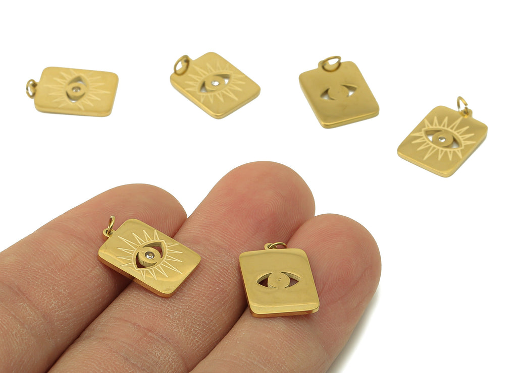 Stainless Steel Rectangle Eye Earring Charms- Cubic Eye zircon Rectangle CZ Pendant -18K Real Gold Plating-17.16x 11.08x1.05mm-RGP5898 - DOMEDBAZAAR