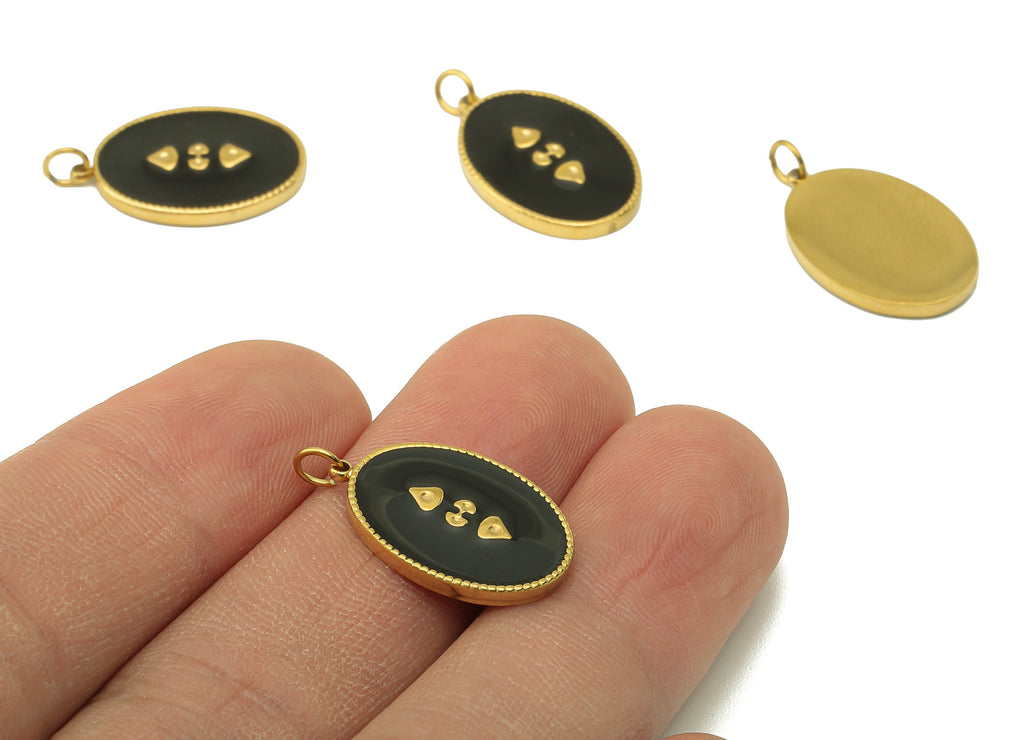 Stainless Steel Oval Charms with Loop - Black Enamel Pendant -For Necklace - 18K Real Gold Plating - 22.82x 12.91x 1.94mm-RGP5900 - DOMEDBAZAAR