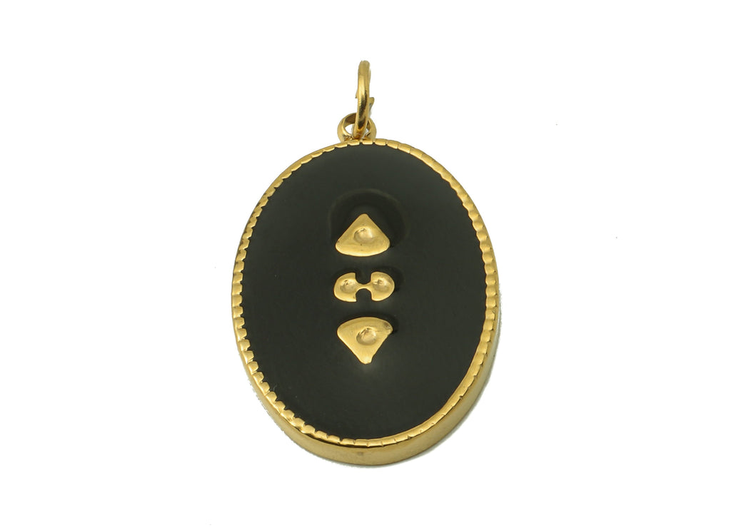 Stainless Steel Oval Charms with Loop - Black Enamel Pendant -For Necklace - 18K Real Gold Plating - 22.82x 12.91x 1.94mm-RGP5900 - DOMEDBAZAAR
