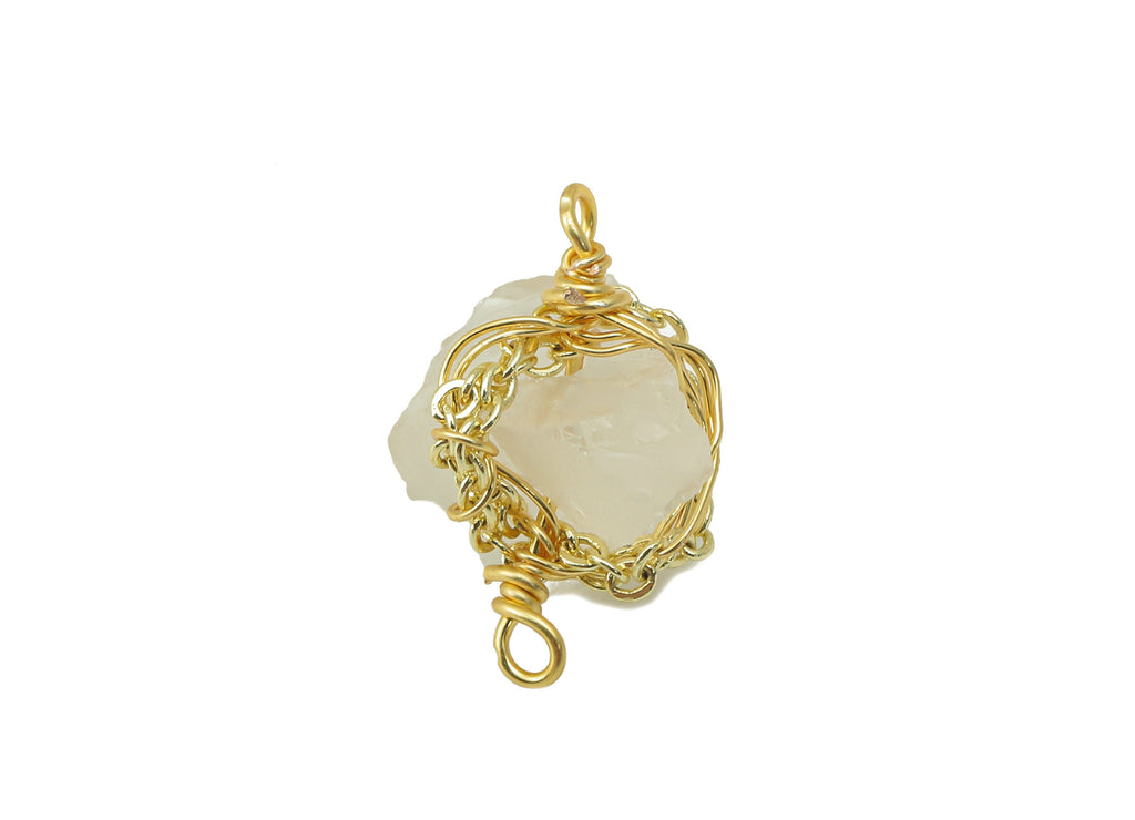 Rose Quartz Earring Charms - Brass Wire Wrapped Pendant - Crystal Healing - Natural Stone Connector - Gold Tone Plated -12x11.8x5mm-NS1893A - DOMEDBAZAAR