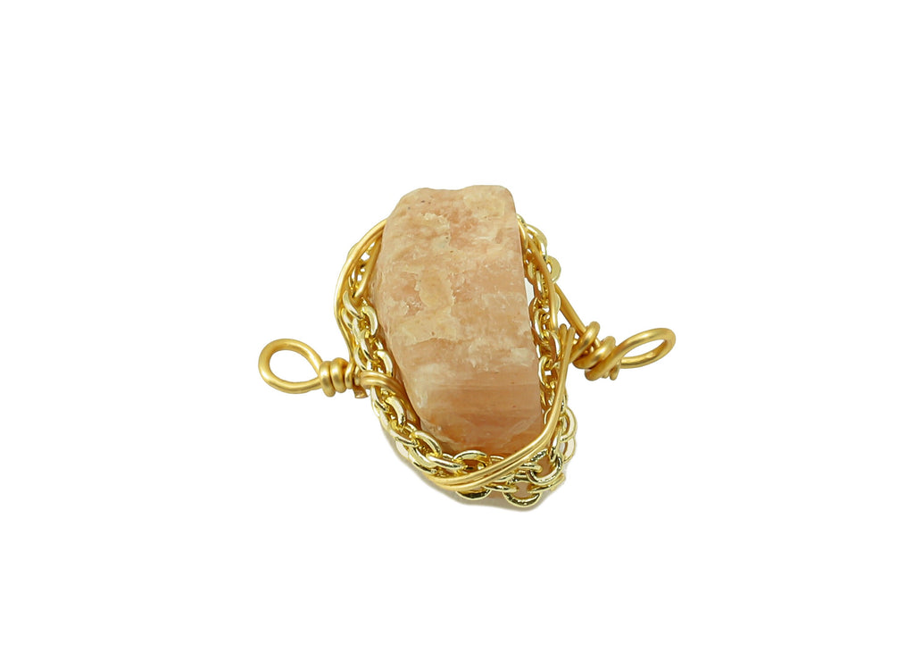 Peach moonstone Earring Charm - Brass Wire Wrapped Pendant - Crystal Healing - Natural Stone Connector - Gold Tone Plated -16x10x5mm-NS1893B - DOMEDBAZAAR