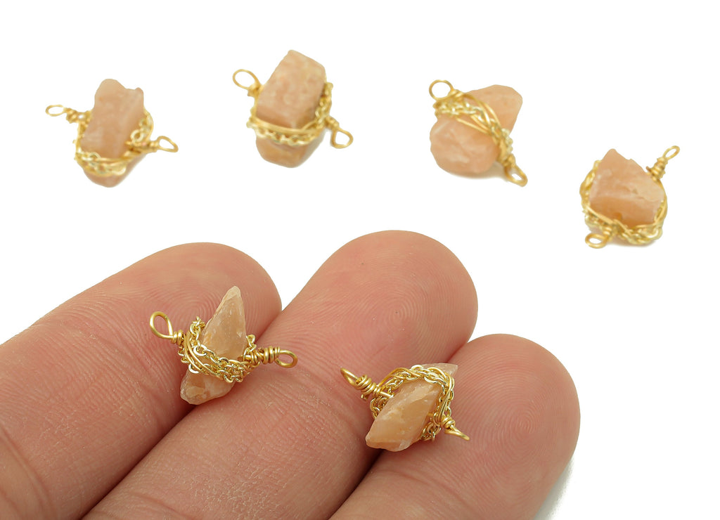 Peach moonstone Earring Charm - Brass Wire Wrapped Pendant - Crystal Healing - Natural Stone Connector - Gold Tone Plated -16x10x5mm-NS1893B - DOMEDBAZAAR