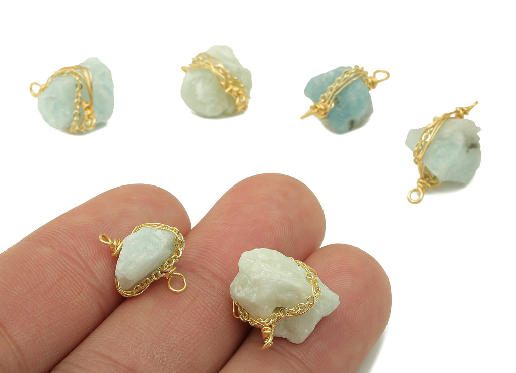 amazonite Earring Charm - Brass Wire Wrapped Pendant - Crystal Healing - Natural Stone Connector - Gold Tone Plated -14x 18x 6.53mm-NS1893C - DOMEDBAZAAR
