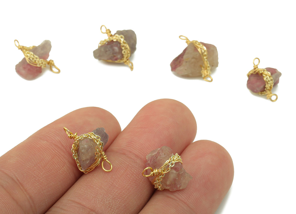 Tourmaline Earring Charm - Brass Wire Wrapped Pendant - Crystal Healing - Natural Stone Connector - Gold Tone Plated -12x 17x7.49mm-NS1893D - DOMEDBAZAAR