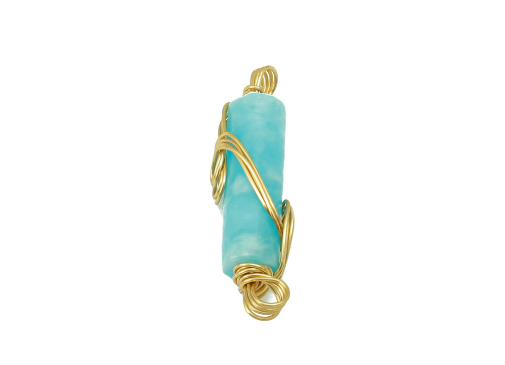 larimar Earring Charm - Brass Wire Wrapped Pendant - Cylinder Connector - Cylinder Natural Stone - Gold Tone Plated -22.6x4.75x4.1mm-NS1894A - DOMEDBAZAAR