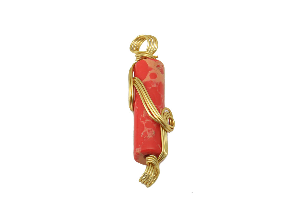 Natural Stone Earring Charm - Brass Wire Wrapped Pendant - Red Cylinder Natural Stone - Gold Tone Plated -21.86 x 4.79 x 4.12mm-NS1894B - DOMEDBAZAAR