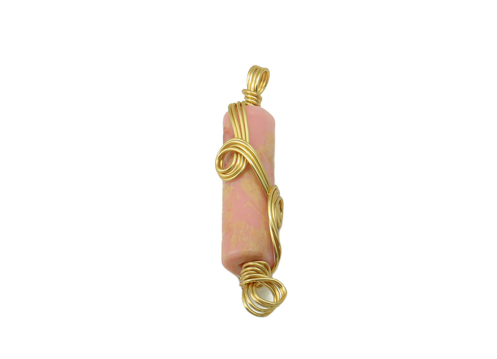 Natural Stone Earring Charm - Brass Wire Wrapped Pendant -Pink Cylinder Natural Stone Connector - Gold Tone Plated -22x4.67 x 4.07mm-NS1894C - DOMEDBAZAAR