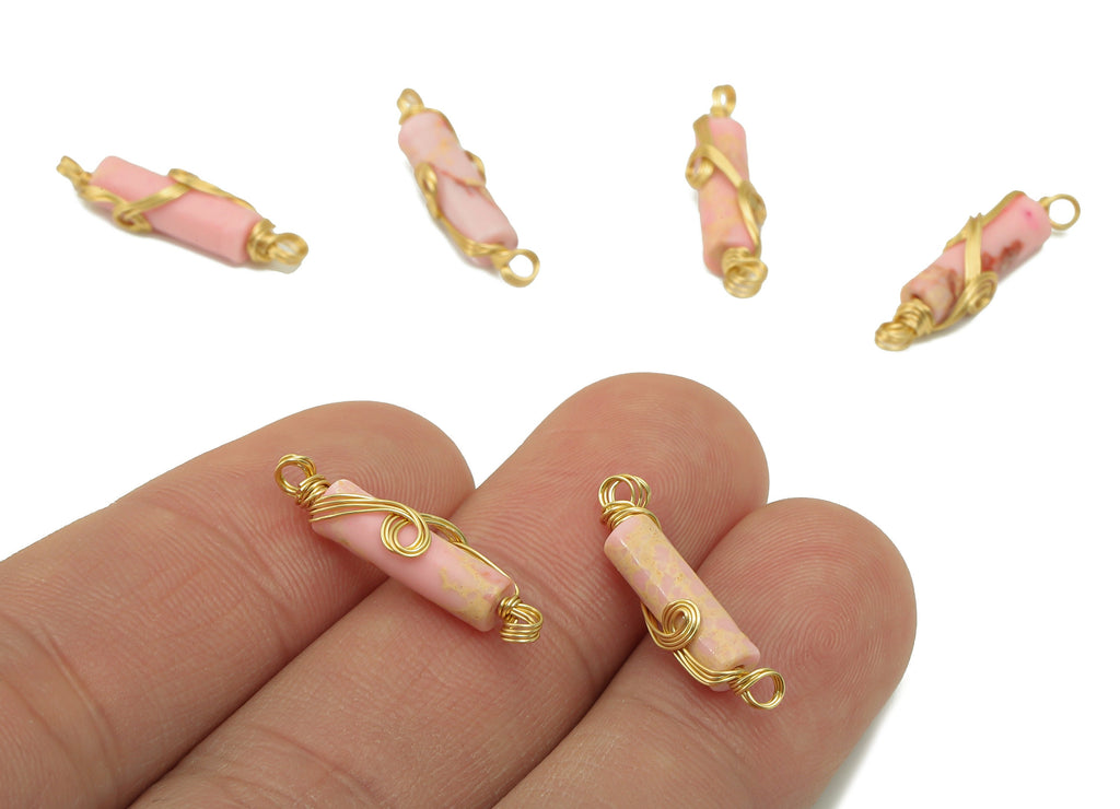 Natural Stone Earring Charm - Brass Wire Wrapped Pendant -Pink Cylinder Natural Stone Connector - Gold Tone Plated -22x4.67 x 4.07mm-NS1894C - DOMEDBAZAAR