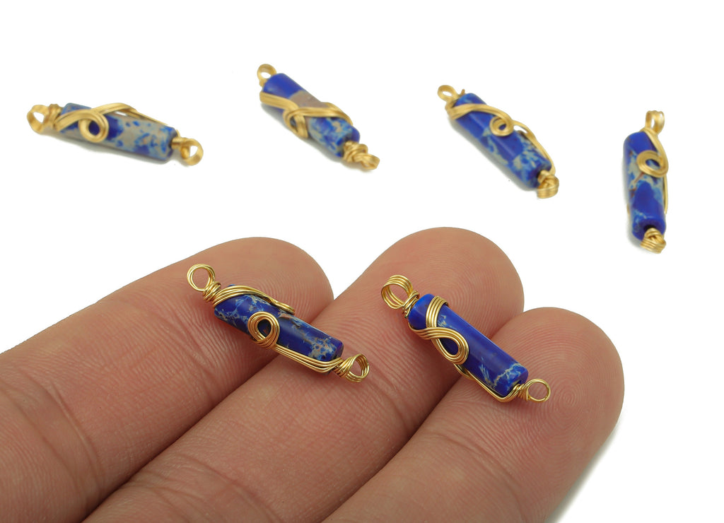 Natural Stone Earring Charm - Brass Wire Wrapped Pendant - Blue Cylinder Natural Stone Connector - Gold Tone Plated -22 x4.8x 3.97mm-NS1894E - DOMEDBAZAAR