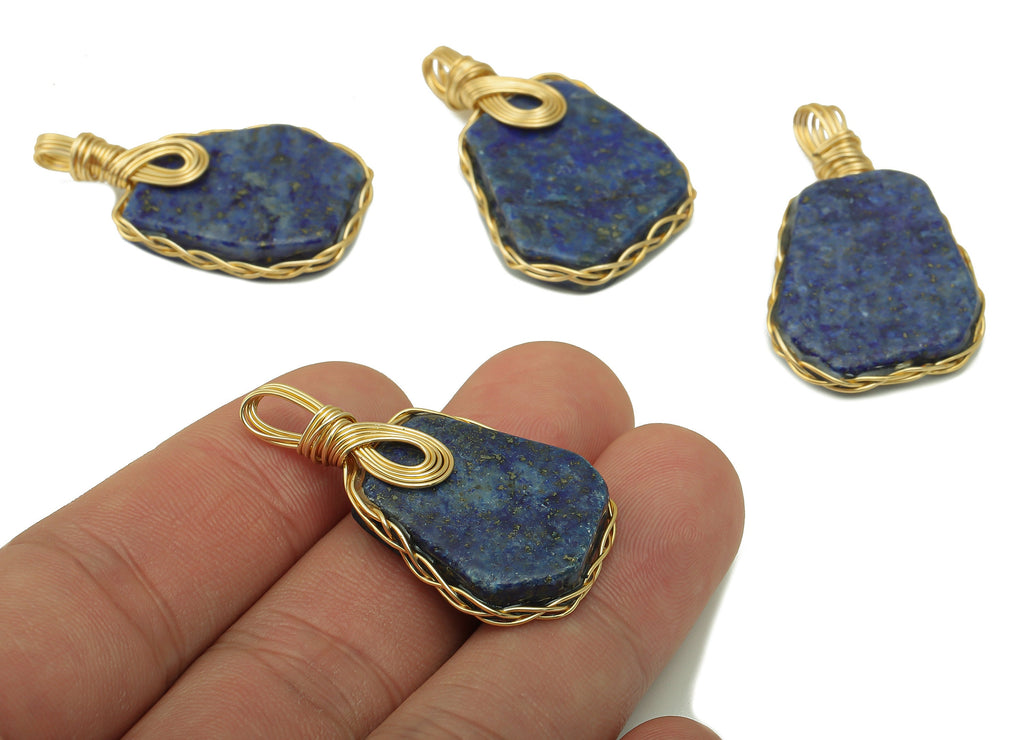 Brass lapis lazuli Earring Charm - Brass lapis lazuli Pendant - Brass Wire Wrapped Natural Stone - Gold Tone Plated - 38.78x22x4.8mm-NS1896 - DOMEDBAZAAR