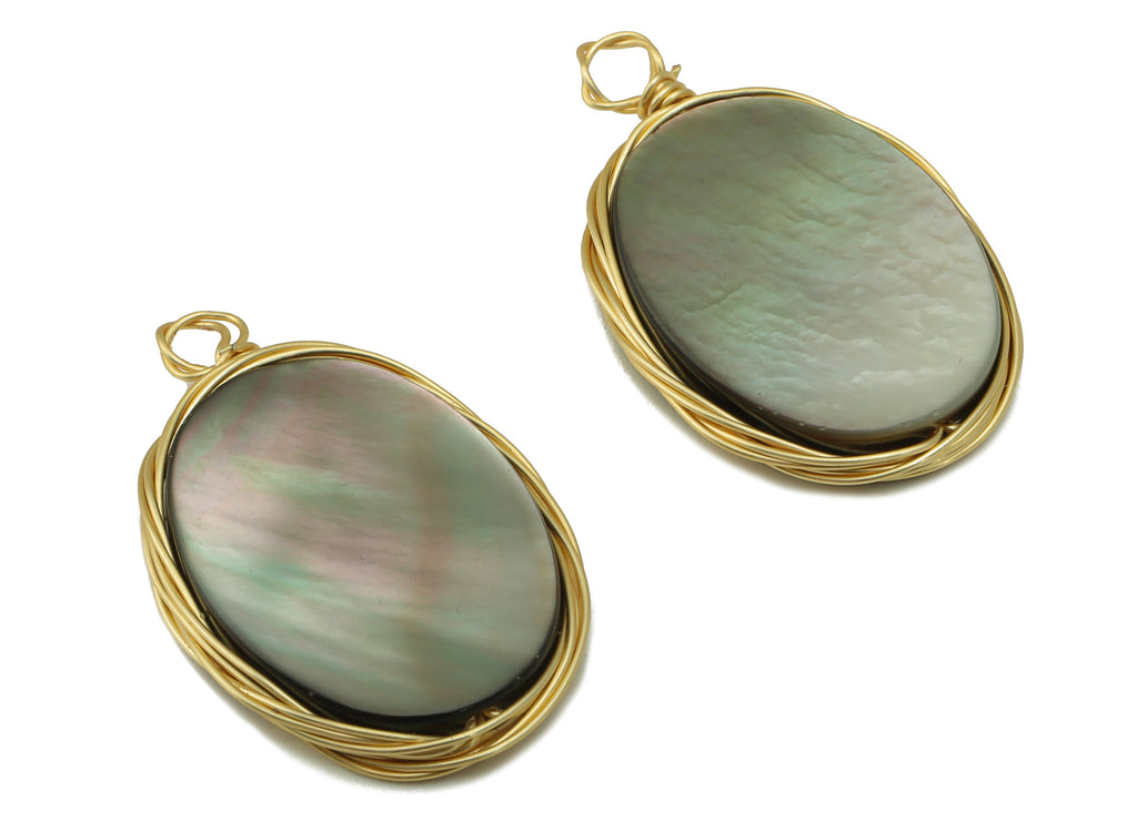 shell Earring Charm - Brass mother of pearl shell Pendant - Brass Wire Wrapped Natural Stone - Gold Tone Plated -27.23x 17x 3.48mm-NS1898 - DOMEDBAZAAR
