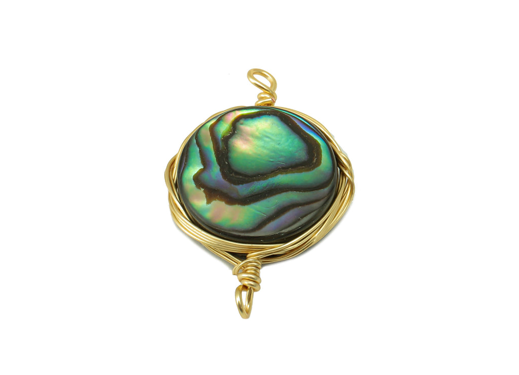 brass Abalone Earring Connector - Brass Rectangle Abalone Pendant - Brass Wire Wrapped Natural Stone - Gold Tone Plated - 20x14x3.5mm-NS1906 - DOMEDBAZAAR