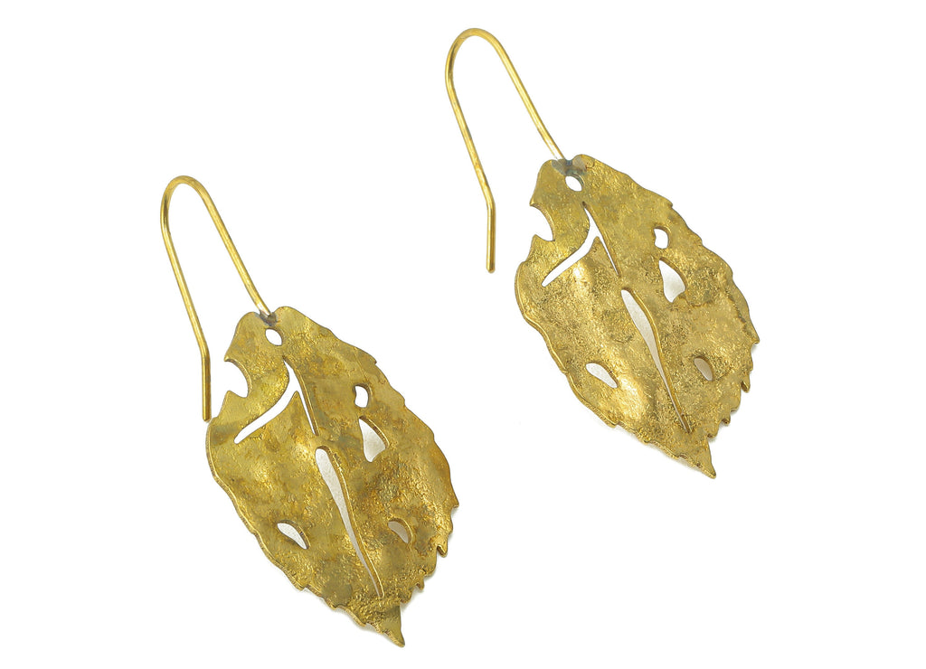 Raw Brass Betula Ear Wires Earring - Brass Leaf Hook Earring -Textured Earring Hooks-Brass Botanical Earring - 41.5x 18.79x 1.32mm - PP8250 - DOMEDBAZAAR