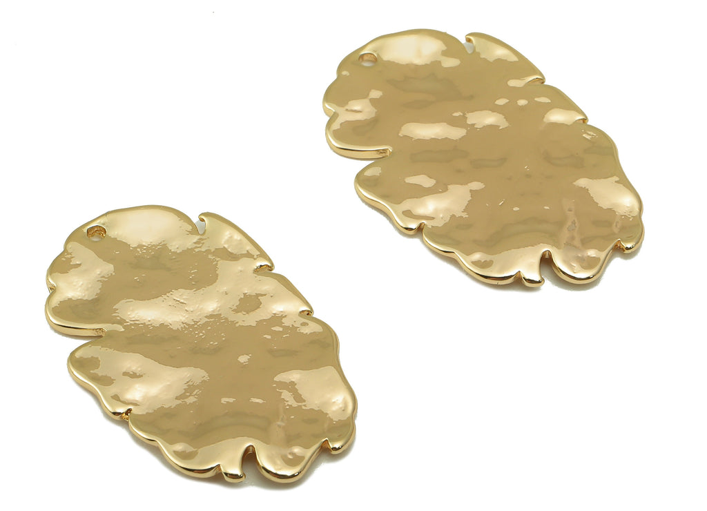 Brass Leaf Earring Charm - Brass Oval Hammered Pendant - For Necklace - 18K Real Gold Plated Brass - Jewelry Making - 26x16.5x1.3mm- RGP6602 - DOMEDBAZAAR