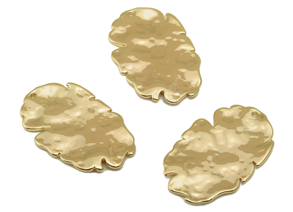 Brass Leaf Earring Charm - Brass Oval Hammered Pendant - For Necklace - 18K Real Gold Plated Brass - Jewelry Making - 26x16.5x1.3mm- RGP6602 - DOMEDBAZAAR