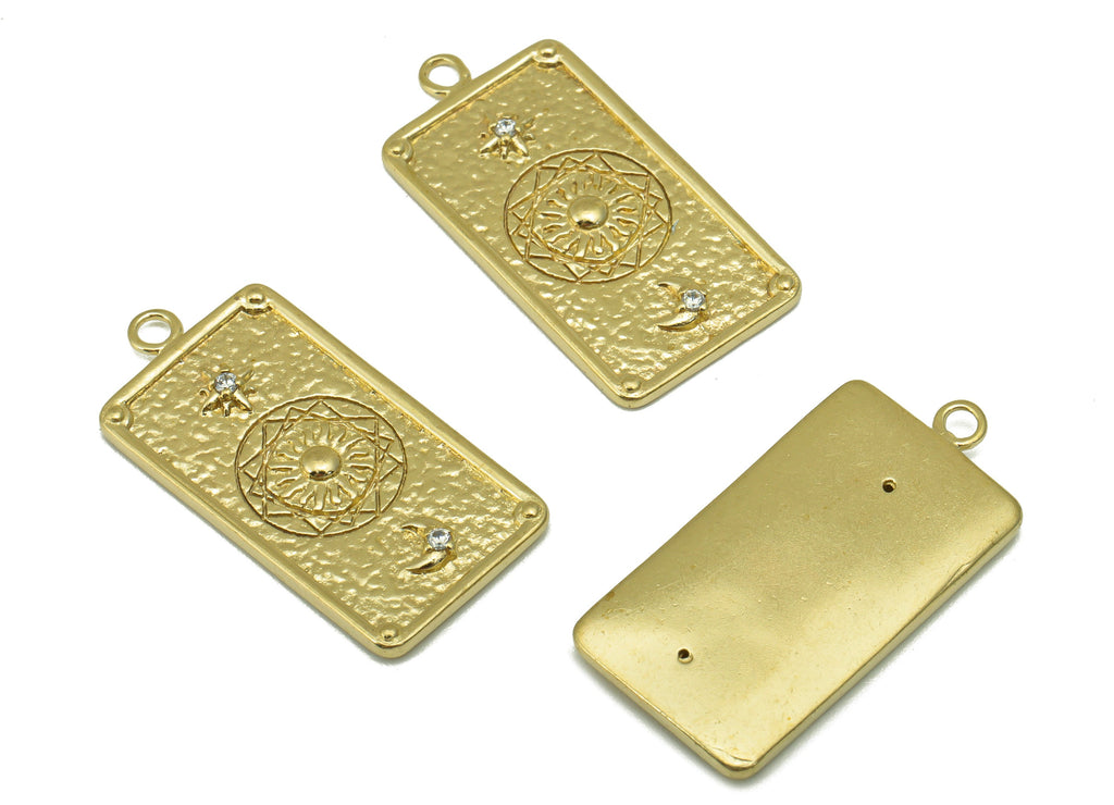 Brass Rectangle Pendant  - Hammered Brass - North Star Moon  - Crescent Cubic Zircon --Jewelry Supplies -27x 13 x 1.33mm --PP8460 - DOMEDBAZAAR