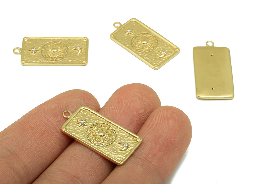 Brass Rectangle Pendant  - Hammered Brass - North Star Moon  - Crescent Cubic Zircon --Jewelry Supplies -27x 13 x 1.33mm --PP8460 - DOMEDBAZAAR