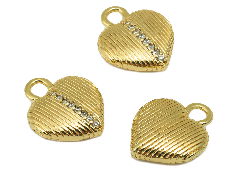 Brass Heart Charm - Brass Line Heart Charm - Textured Cubic Zircon Charm For Pendant - For Necklace -18K Real Gold Plated-15x12x4mm- RGP6400 - DOMEDBAZAAR
