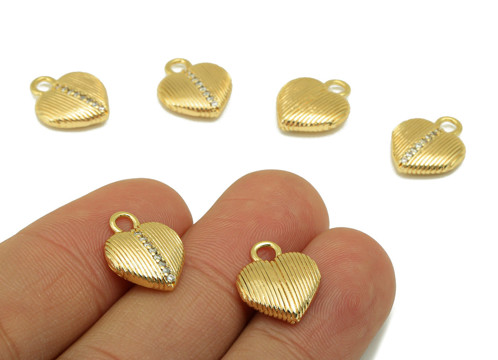 Brass Heart Charm - Brass Line Heart Charm - Textured Cubic Zircon Charm For Pendant - For Necklace -18K Real Gold Plated-15x12x4mm- RGP6400 - DOMEDBAZAAR