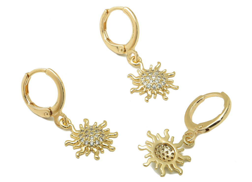 Brass Sun Earring Clasp -Brass Sunshine with Cubic Zirconia Hoop - CZ Huggie Earring - 18K Real Gold Plating-27.7x 11.39x 2.41mm- RGP6031 - DOMEDBAZAAR