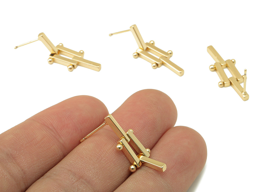 Brass Stud Earring - Rectangle Bars Mesh Earring Stud and Hanging Bras Earring Post - 18K Real Gold Plating - 26.42x 10.11x 2mm - RGP6050 - DOMEDBAZAAR
