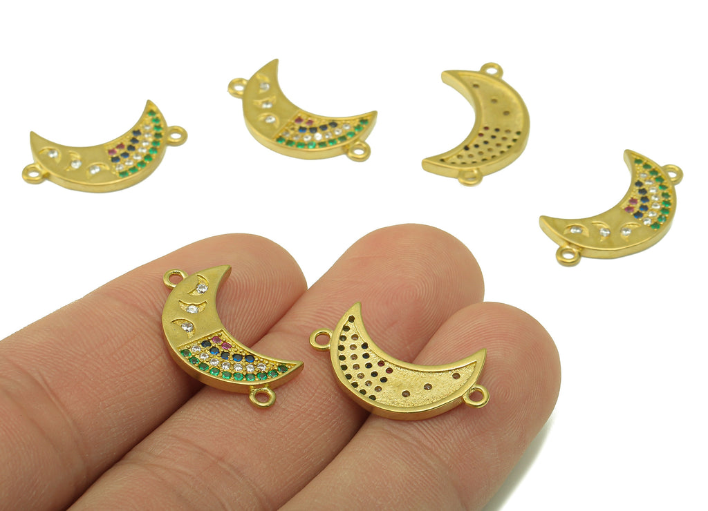 Brass Moon Earring Charms - Raw Brass Cubic Zirconia Rainbow Moon Connector - CZ Crescent Connector - For Necklace - 22.25x13x1.8mm - PP7628 - DOMEDBAZAAR