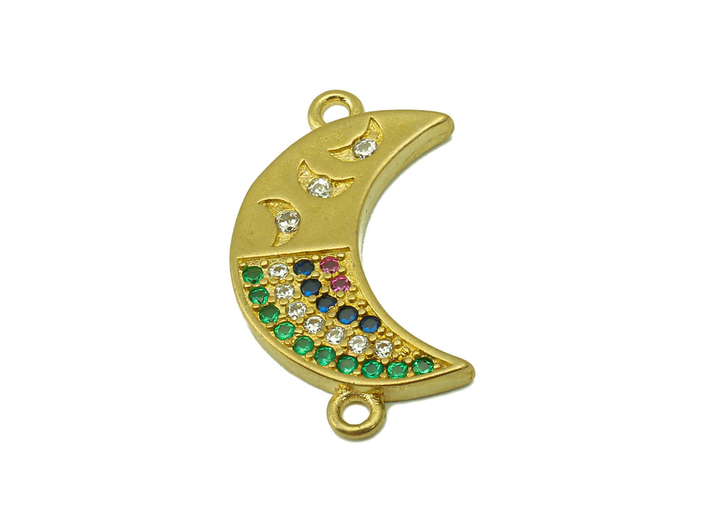 Brass Moon Earring Charms - Raw Brass Cubic Zirconia Rainbow Moon Connector - CZ Crescent Connector - For Necklace - 22.25x13x1.8mm - PP7628 - DOMEDBAZAAR