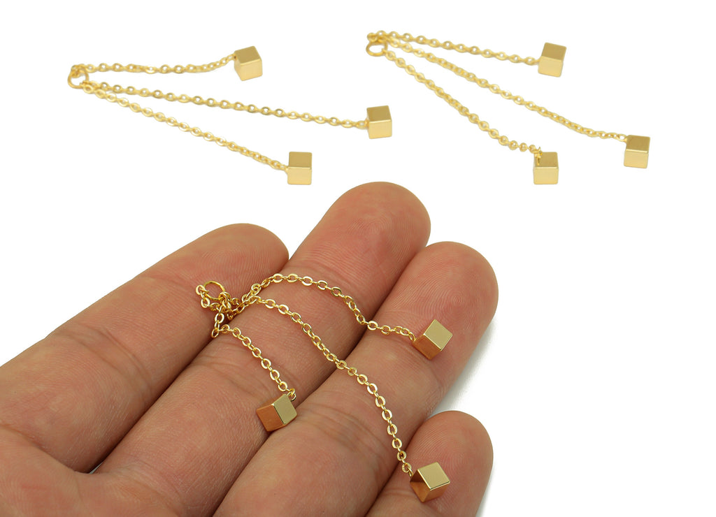 Brass Chain Tassel Charm - Gold Curb Chain Earring With Cube - Brass Tassel Earring Charm - 18k Real Gold Plated - 61x 4 x 0.95mm- RGP6425 - DOMEDBAZAAR
