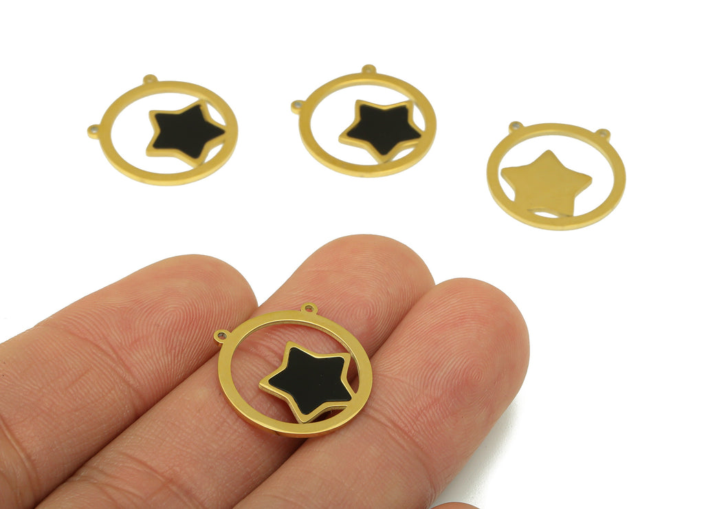 Stainless Steel Star Connector - Black Enamel Pendant - Stainless Steel- For Necklace - 18k Real Gold Plated - 18.02x17.92x 0.8mm- RGP6426 - DOMEDBAZAAR