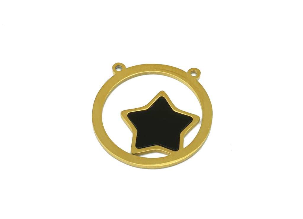 Stainless Steel Star Connector - Black Enamel Pendant - Stainless Steel- For Necklace - 18k Real Gold Plated - 18.02x17.92x 0.8mm- RGP6426 - DOMEDBAZAAR