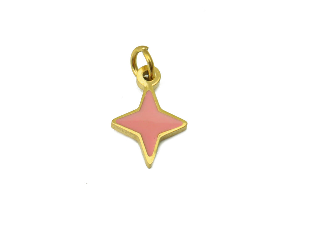 Stainless Steel Star Earring Charm - Pink Enamel Pendant - Star Bracelet Charm - For Necklace - 18k Real Gold Plated - 10.6x5.9x1mm- RGP6431 - DOMEDBAZAAR