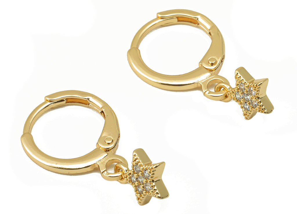 Brass Clasp Earring - Brass CZ Star Lever back Earring Huggie - Cubic Zirconia Star Hoop - 18K Real Gold Plating -22.6x11.2x1.34mm - RGP6102 - DOMEDBAZAAR