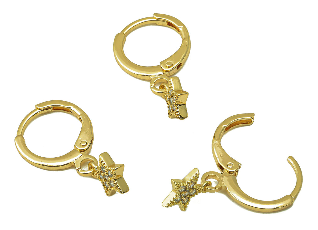 Brass Clasp Earring - Brass CZ Star Lever back Earring Huggie - Cubic Zirconia Star Hoop - 18K Real Gold Plating -22.6x11.2x1.34mm - RGP6102 - DOMEDBAZAAR