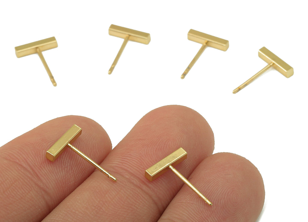 Brass Mini Bar Stud Earring - Rectangle Bar Earring - T Letter Ear Stud- Flat Bar Earring Post -18K Real Gold Plated - 10x2x2mm-RGP5926G - DOMEDBAZAAR