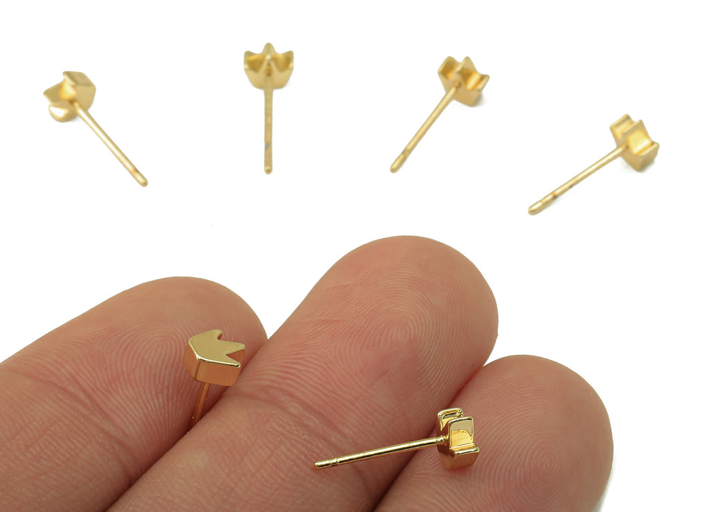 Brass Crown Earring Stud - Cubic Mini Crown Earring Post -18K Real Gold Plated - Jewelry Supplies-Earring Findings-6x5x2mm-RGP5930G - DOMEDBAZAAR