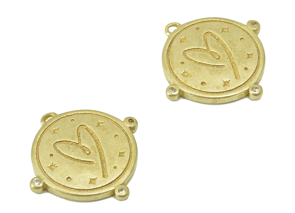 Brass Round Earring Charm- Raw Brass Heart Pendant-Heart Charm-Cubic Zircon -For Jewelry Supplies-18 x 18x 2.07mm-PP8284 - DOMEDBAZAAR
