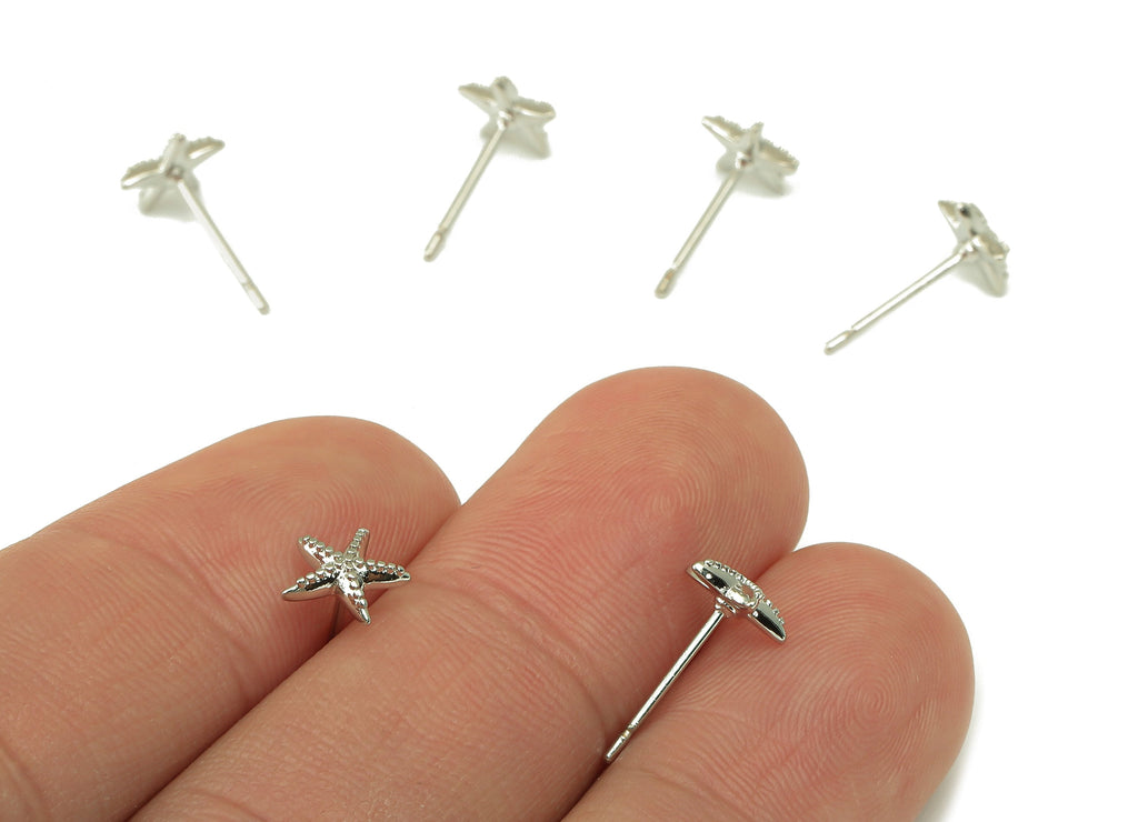 Silver Starfish Earring Stud - Ocean Star Earring Post - 18K Real White Gold Plated -Surgical Stud-Jewely Findings-7x7x2mm- RGP5937S - DOMEDBAZAAR