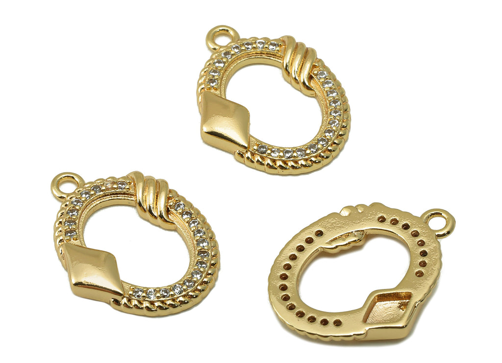 Brass Oval Earring Charm - Brass Cubic Zircon Pendant - CZ Gold Hollow Oval Earring - 18K Real Gold Plated - 17.9 x 13.64x 2.22mm-RGP6641 - DOMEDBAZAAR