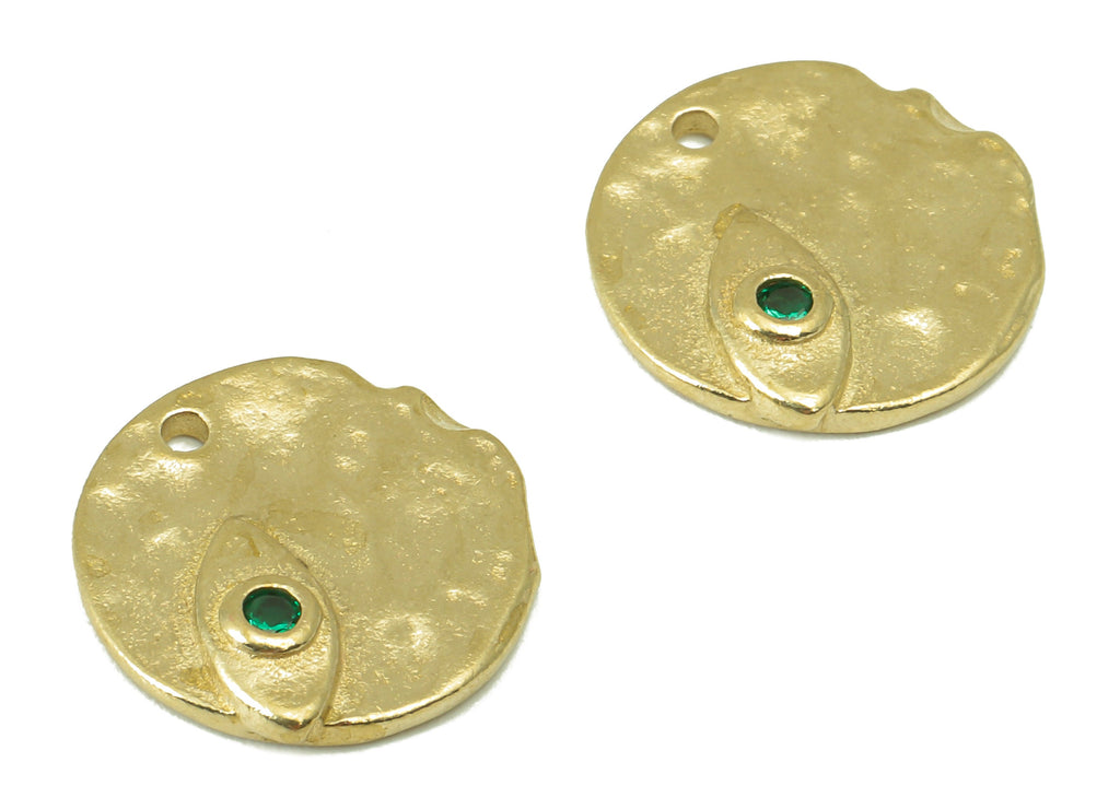 Brass Round Earrings - Raw Brass Irregular Round Charm - Cubic Zircon Circle Green Eye Charm -For Necklace -14x14x2.7mm-PP8329 - DOMEDBAZAAR