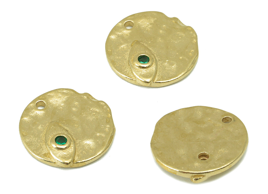 Brass Round Earrings - Raw Brass Irregular Round Charm - Cubic Zircon Circle Green Eye Charm -For Necklace -14x14x2.7mm-PP8329 - DOMEDBAZAAR