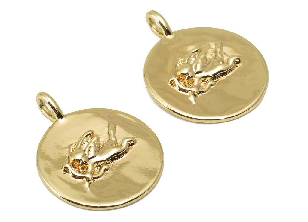Brass Round Earring Charm - Brass Cupid Charm - Brass Goddess of Love Pendant - For Necklace - 18K Real Gold Plated -23.56x18.7x3mm- RGP6029 - DOMEDBAZAAR