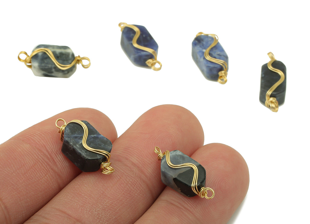 Vein Stone Earring Charms - Brass Wire Wrapped Pendant - Blue Vein Stone - Natural Stone Connector - Gold Tone Plated –19.6x7x 5.56mm–NS1892 - DOMEDBAZAAR