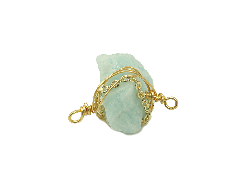amazonite Earring Charm - Brass Wire Wrapped Pendant - Crystal Healing - Natural Stone Connector - Gold Tone Plated -14x 18x 6.53mm-NS1893C - DOMEDBAZAAR