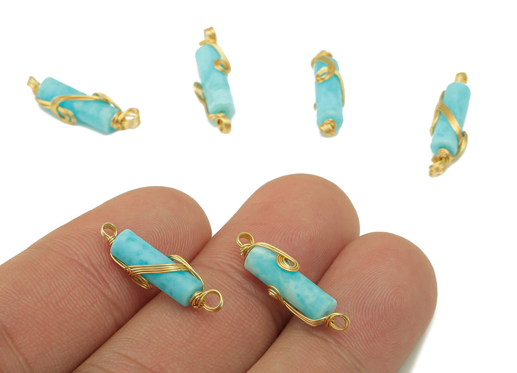 larimar Earring Charm - Brass Wire Wrapped Pendant - Cylinder Connector - Cylinder Natural Stone - Gold Tone Plated -22.6x4.75x4.1mm-NS1894A - DOMEDBAZAAR