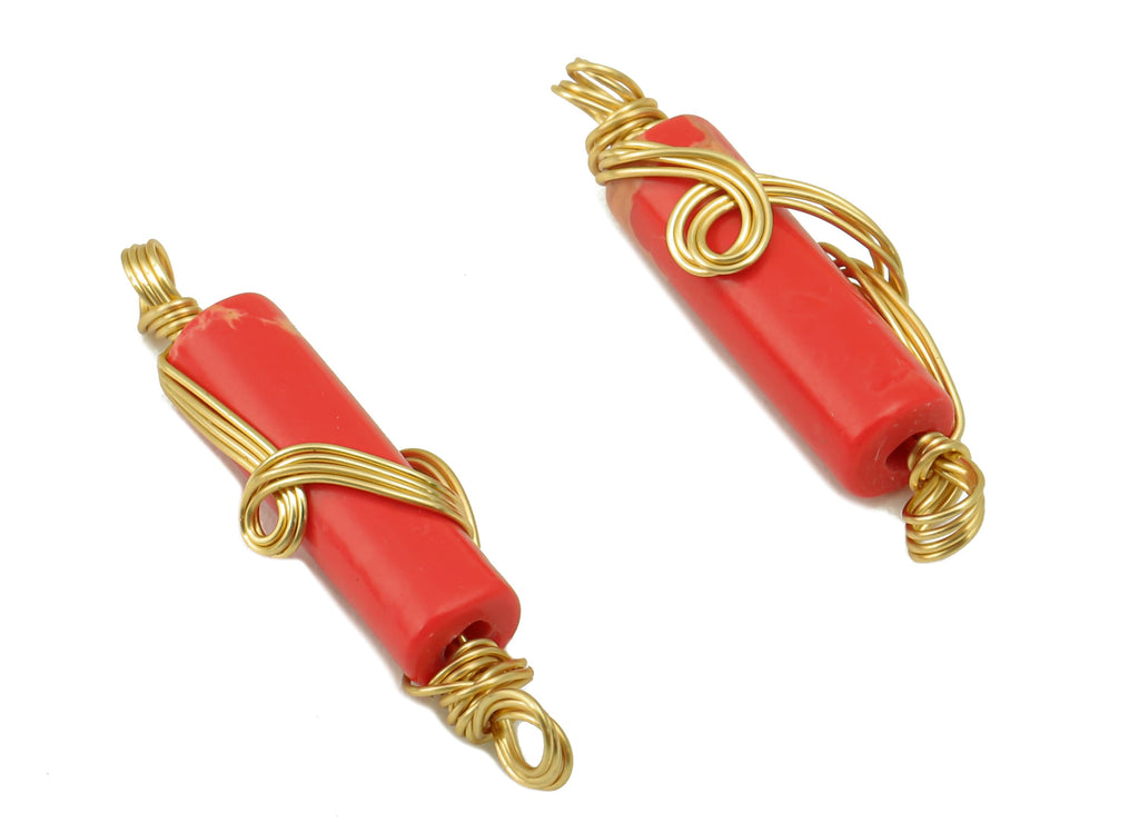Natural Stone Earring Charm - Brass Wire Wrapped Pendant - Red Cylinder Natural Stone - Gold Tone Plated -21.86 x 4.79 x 4.12mm-NS1894B - DOMEDBAZAAR