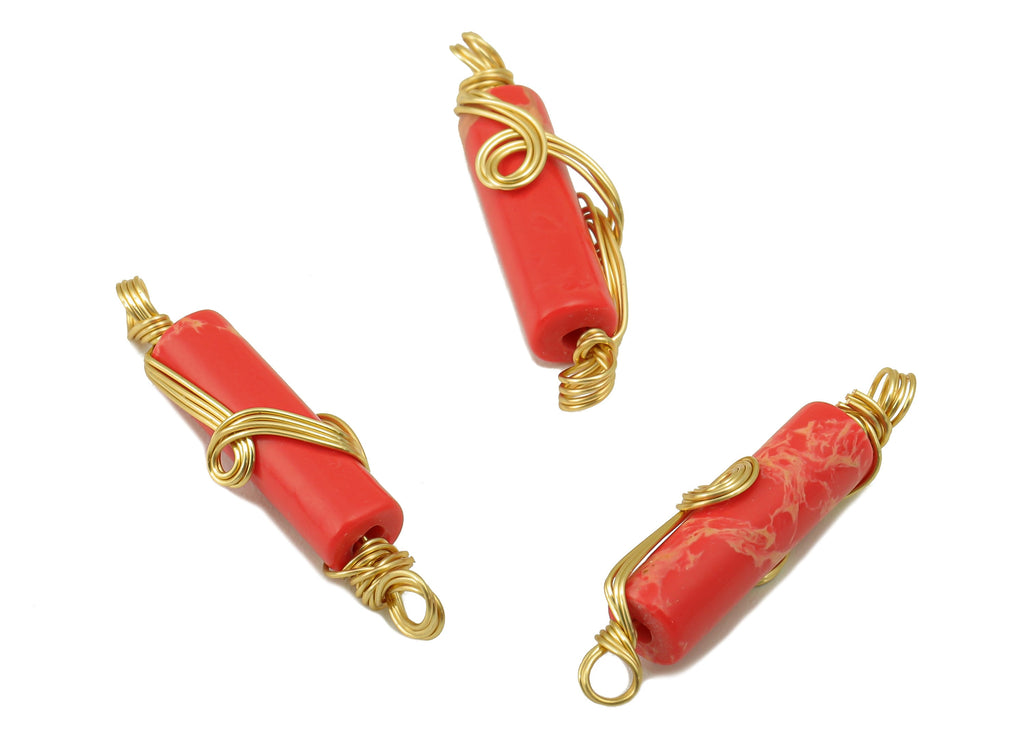 Natural Stone Earring Charm - Brass Wire Wrapped Pendant - Red Cylinder Natural Stone - Gold Tone Plated -21.86 x 4.79 x 4.12mm-NS1894B - DOMEDBAZAAR
